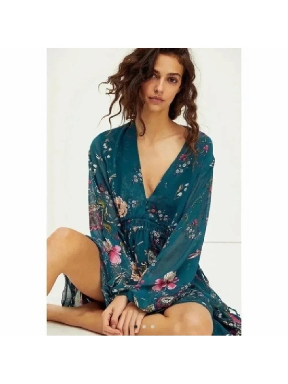 Free People Emerald Combo Cherry Blossom Long Sleeve Mini Dress